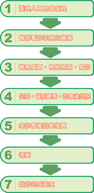  急診就醫流程圖，詳細流程請參閱下方急診流程文字說明。